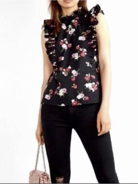Express Black Floral Ruffle Sleeve Shell